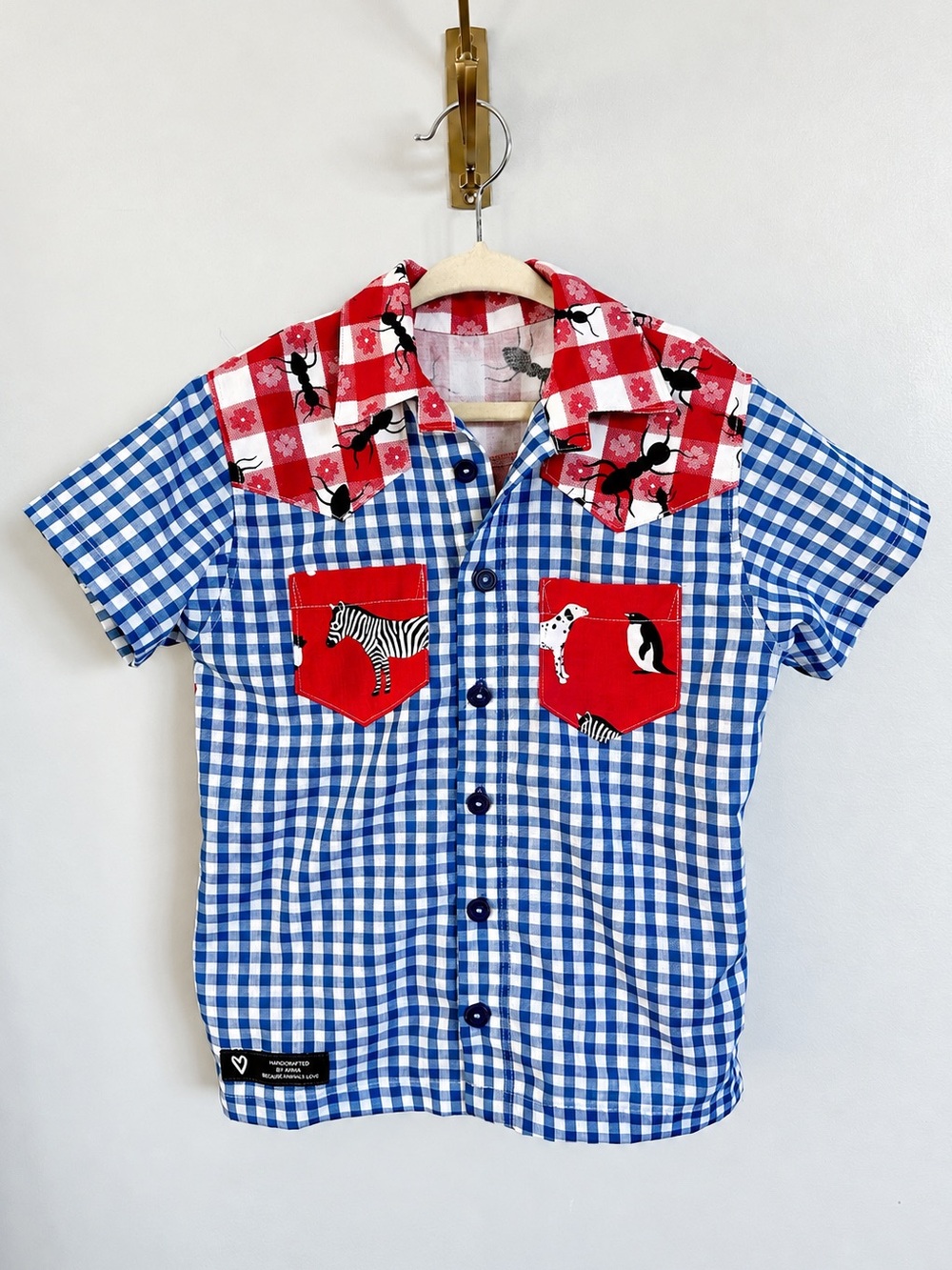 Handmade Kids Western Shirt Blue Gingham Animal Print Short Sleeve
